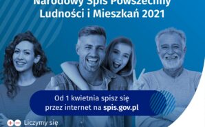 Banner informacyjny o Narodowym Spisie Powszechnym, osoby na niebieskim tle, napis "wejdź na spis.gov.pl i spisz się! Spis trwa od 1 kwietnia",